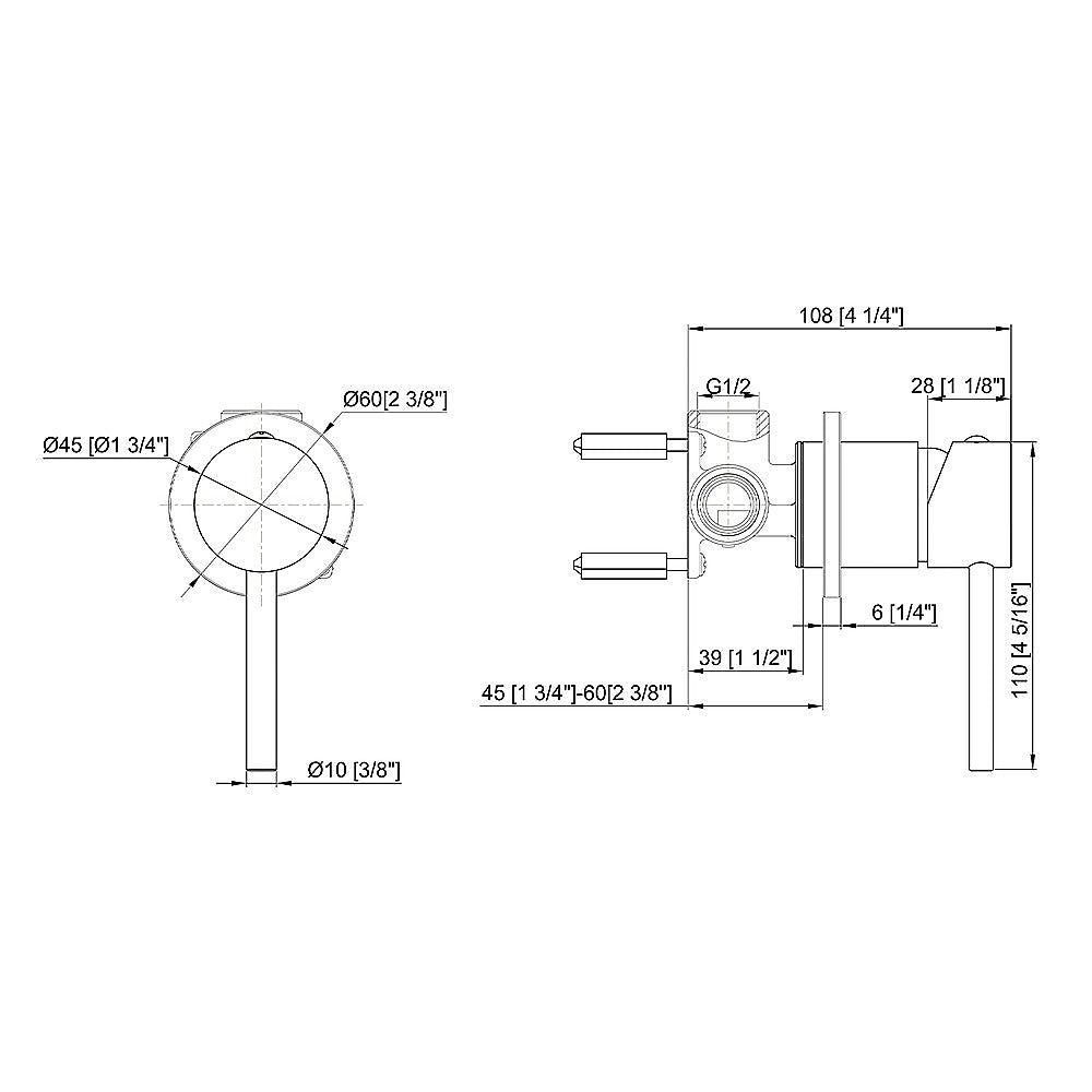 Round shower bath mixer tap dimension diagram with inlet and handle measurements