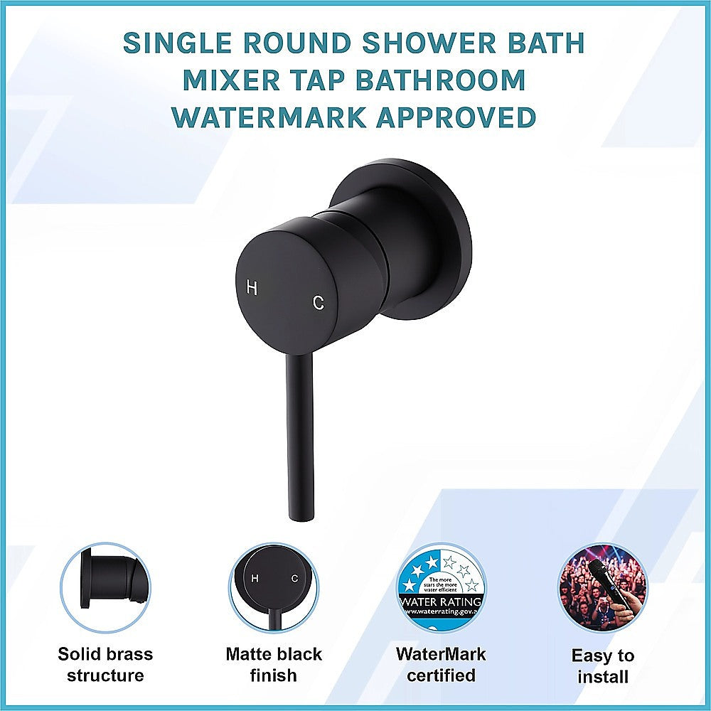 Matte black shower bath mixer tap with round handles and H and C markings
