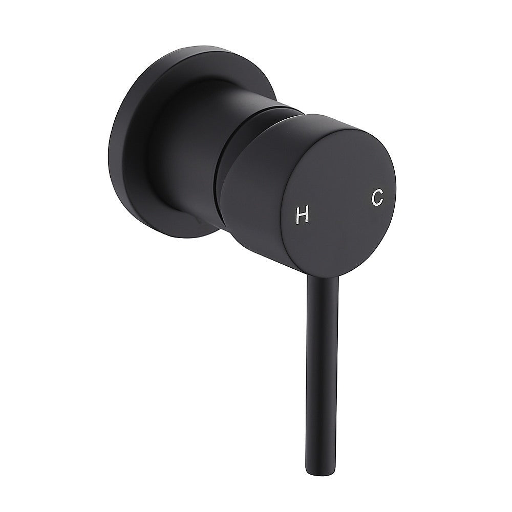 Matte black round shower bath mixer tap with H and C on front faceplate