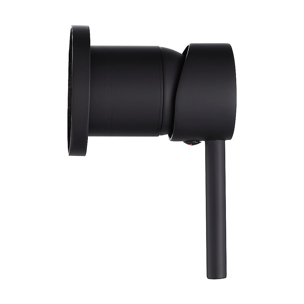 Matte black shower bath mixer tap with cylindrical wall flange and round handle