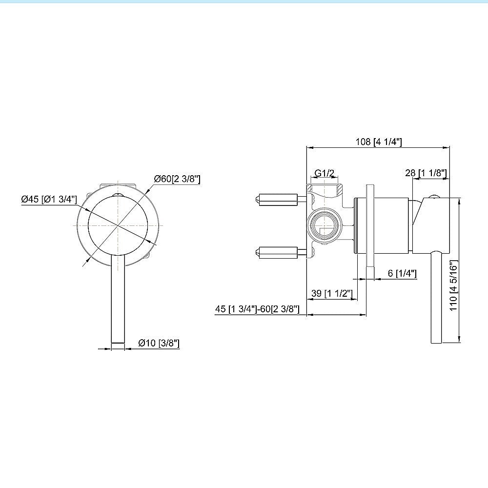 Shower bath mixer tap technical dimension diagram with G1/2 connection