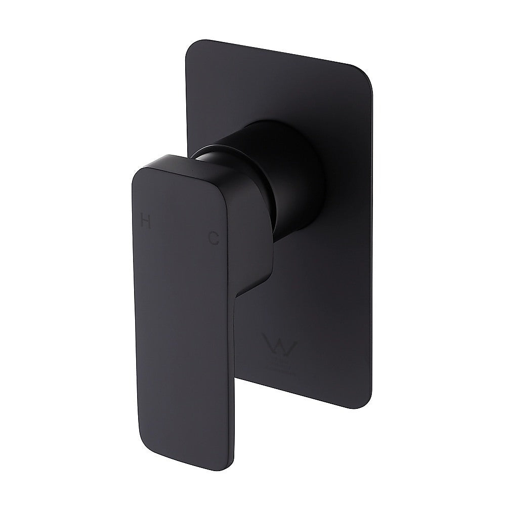 Black square shower bath mixer tap, wall-mounted matte handle and control