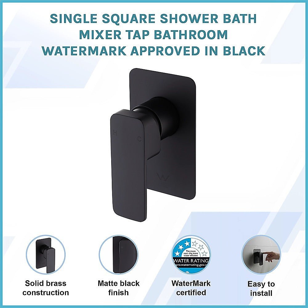 Black square shower bath mixer tap with matte finish, front angled view