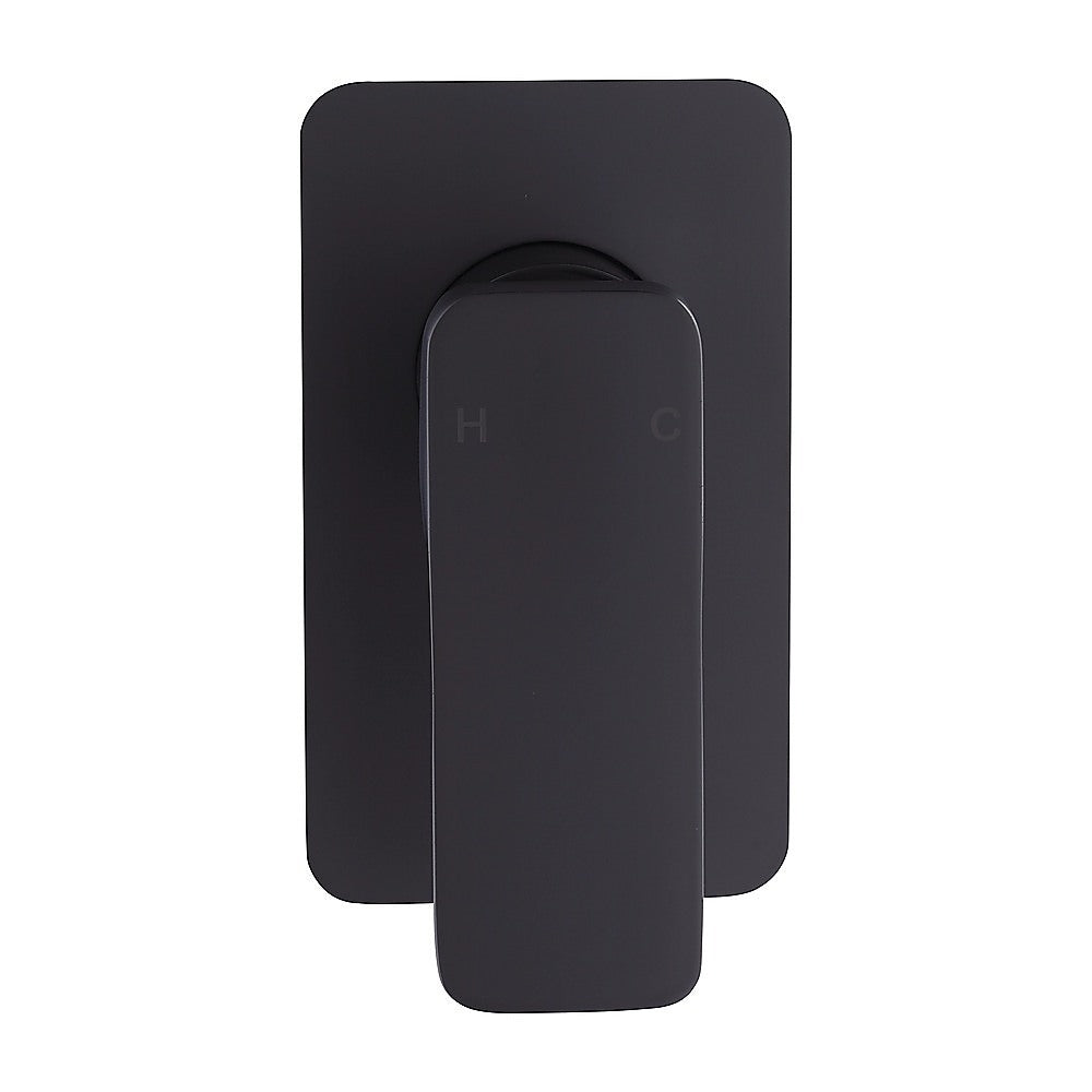 Black shower mixer tap with arched outlet housing and rectangular front plate