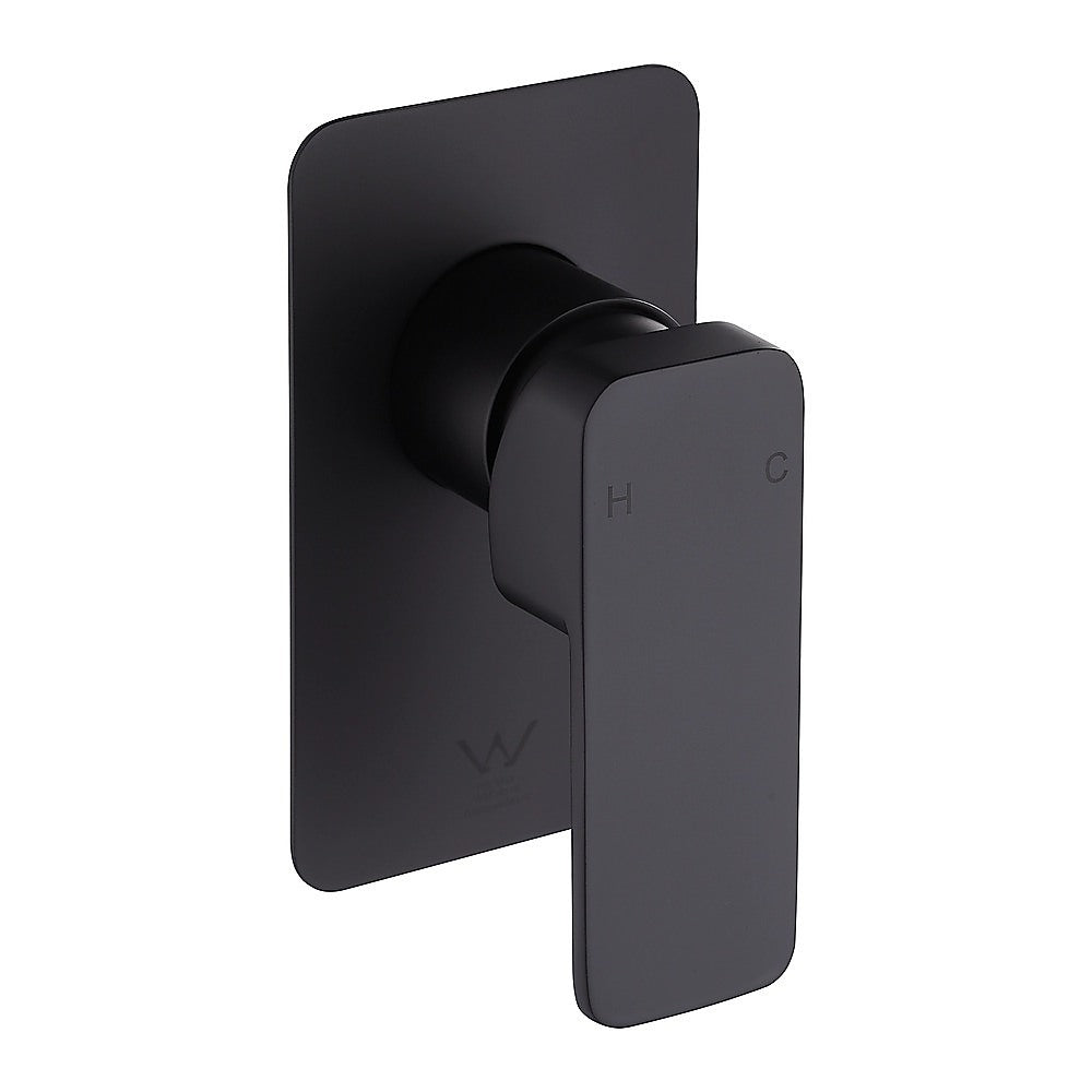 Black square shower bath mixer tap, side view of wall-mounted handle