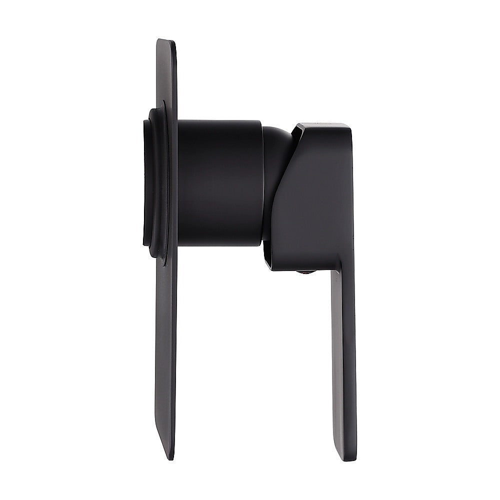 Black shower mixer tap, side profile showing cylindrical valve and lever arms