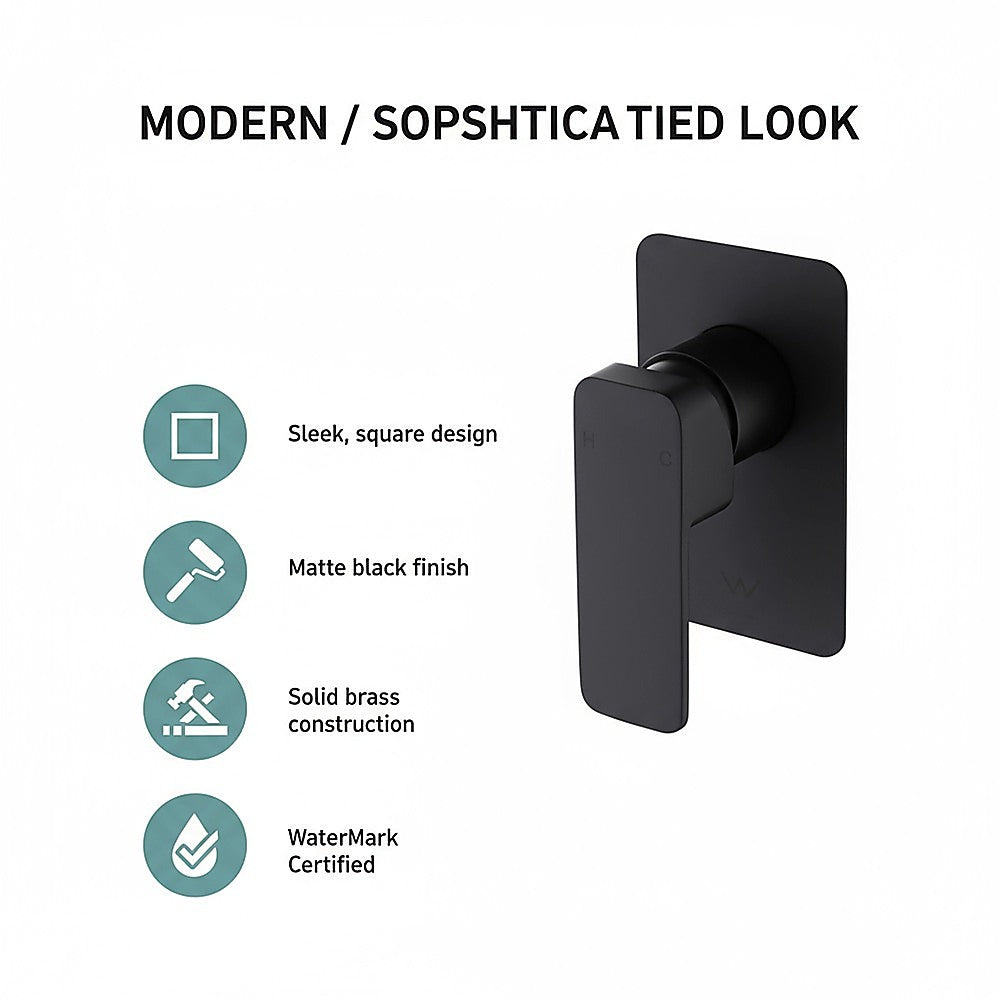 Black square shower bath mixer tap with matte black finish, sleek square design