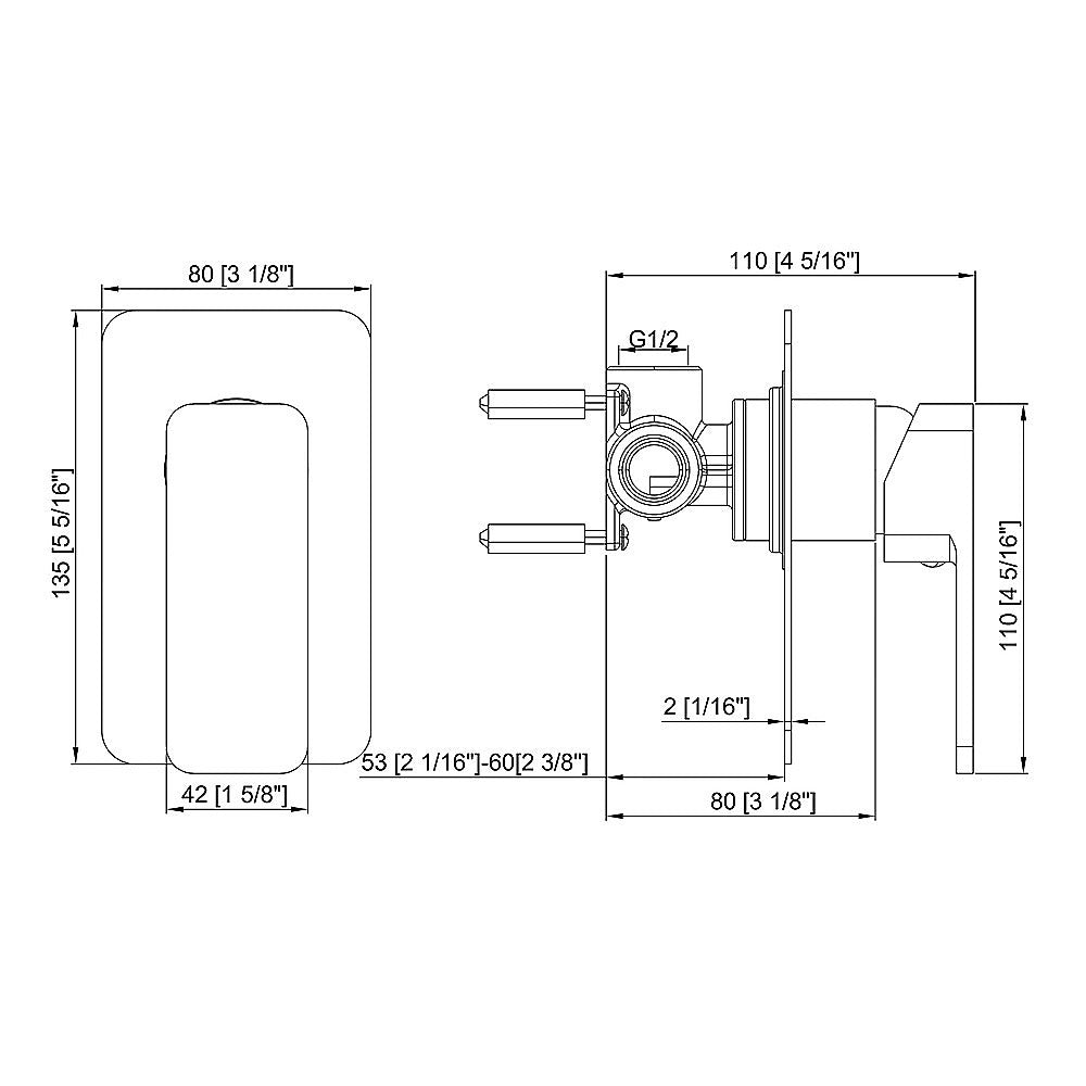 Shower bath mixer tap technical line drawing with measurements and dual fittings