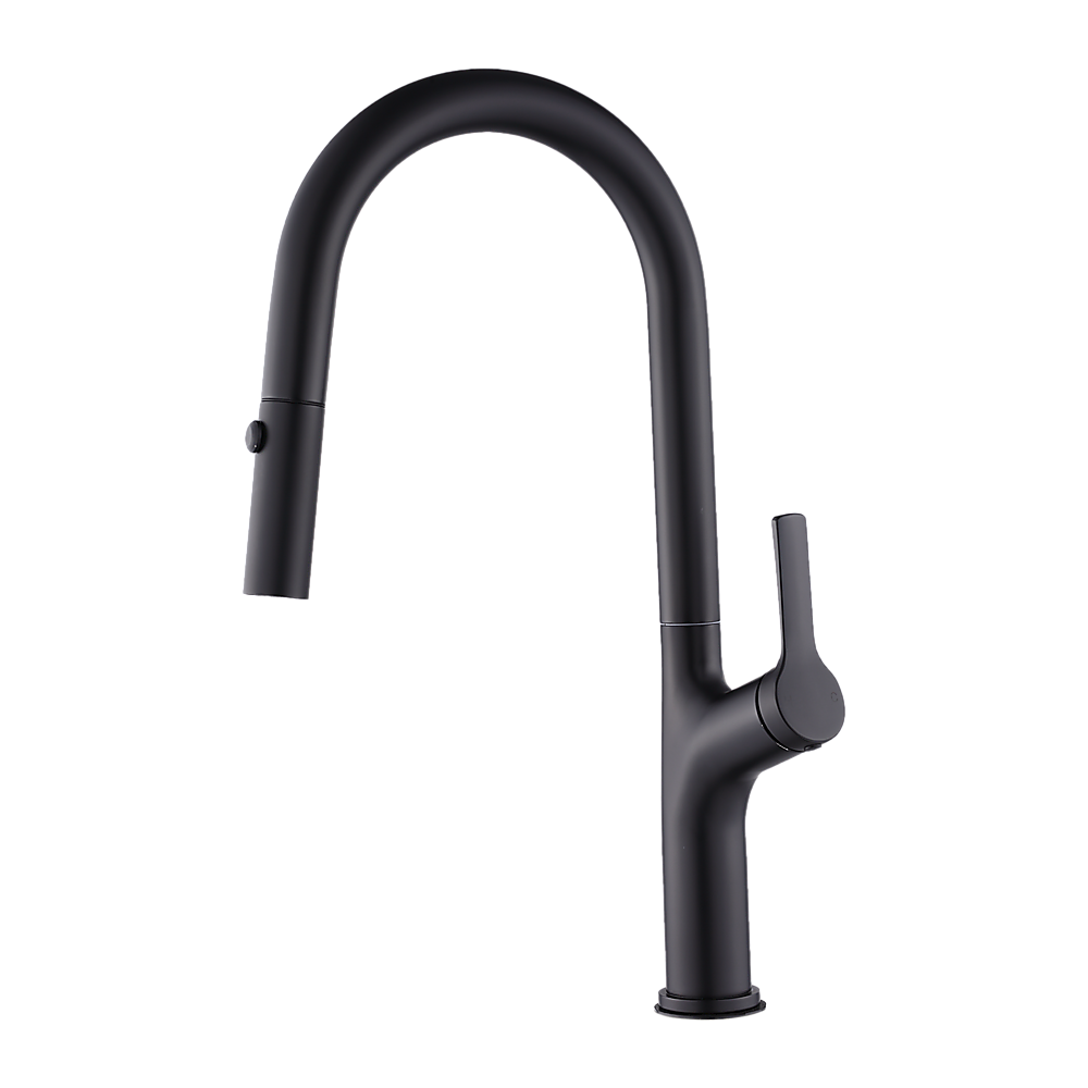 Black pull-out mixer tap faucet with tall curved spout and side control lever