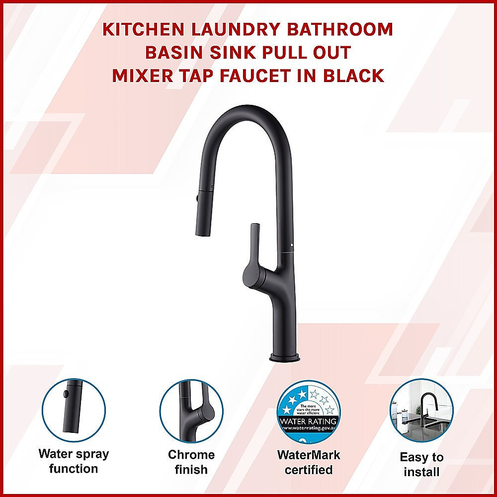 Black kitchen basin pull-out mixer tap faucet with tall curved spout and lever