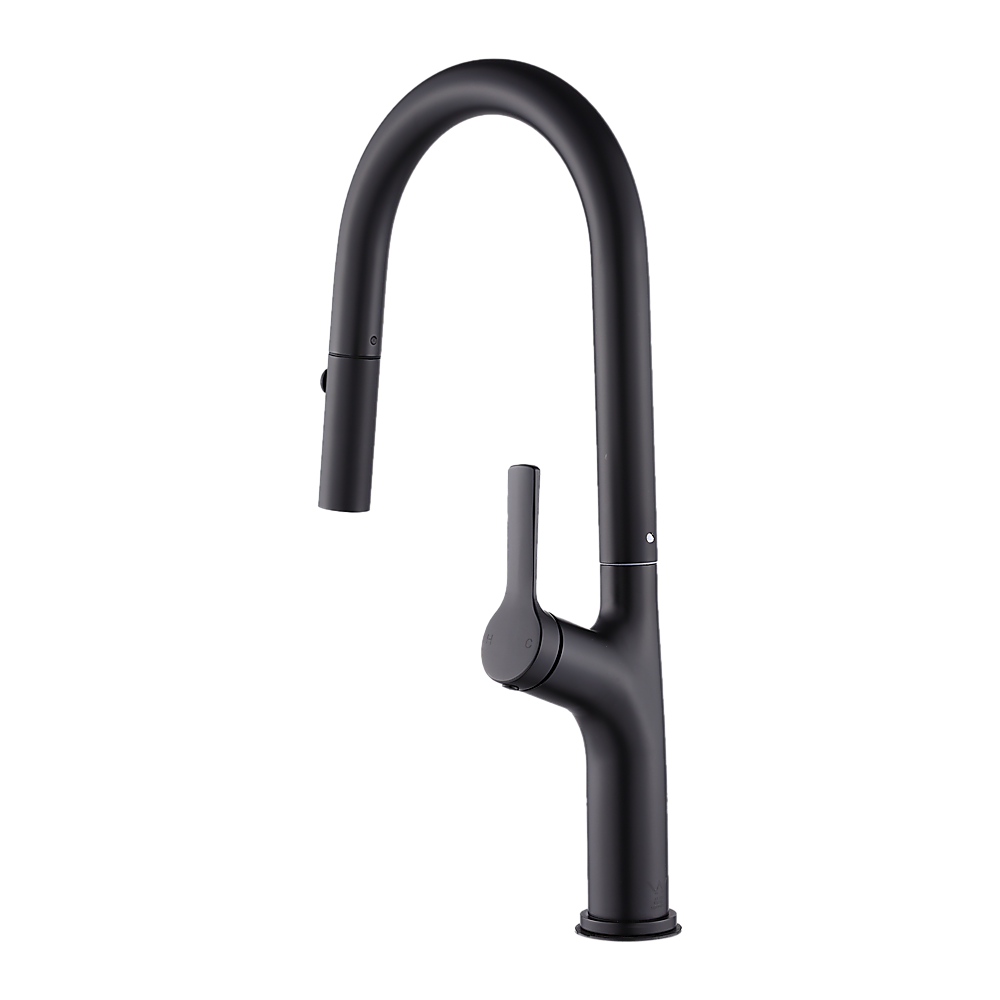 Black pull-out mixer tap faucet shown from front angle with tall curved spout