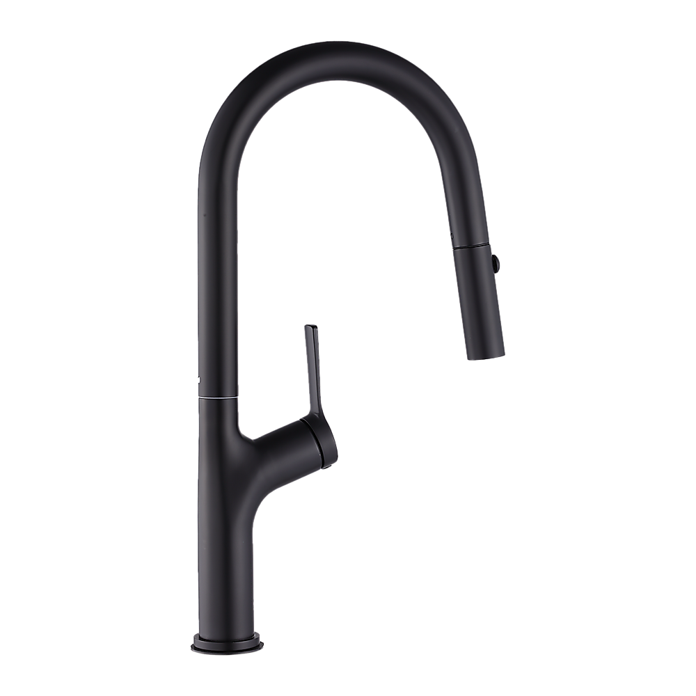 Black pull-out mixer tap faucet with tall curved spout and single lever handle