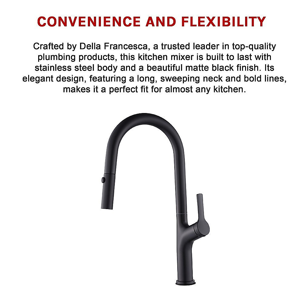 Black kitchen basin pull-out mixer tap faucet with tall curved gooseneck spout