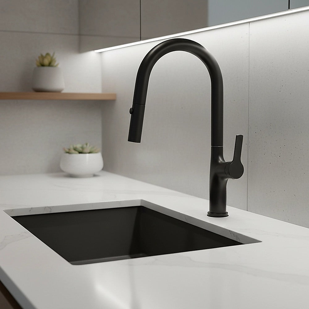 Black pull-out mixer tap faucet mounted on kitchen sink with tall curved spout