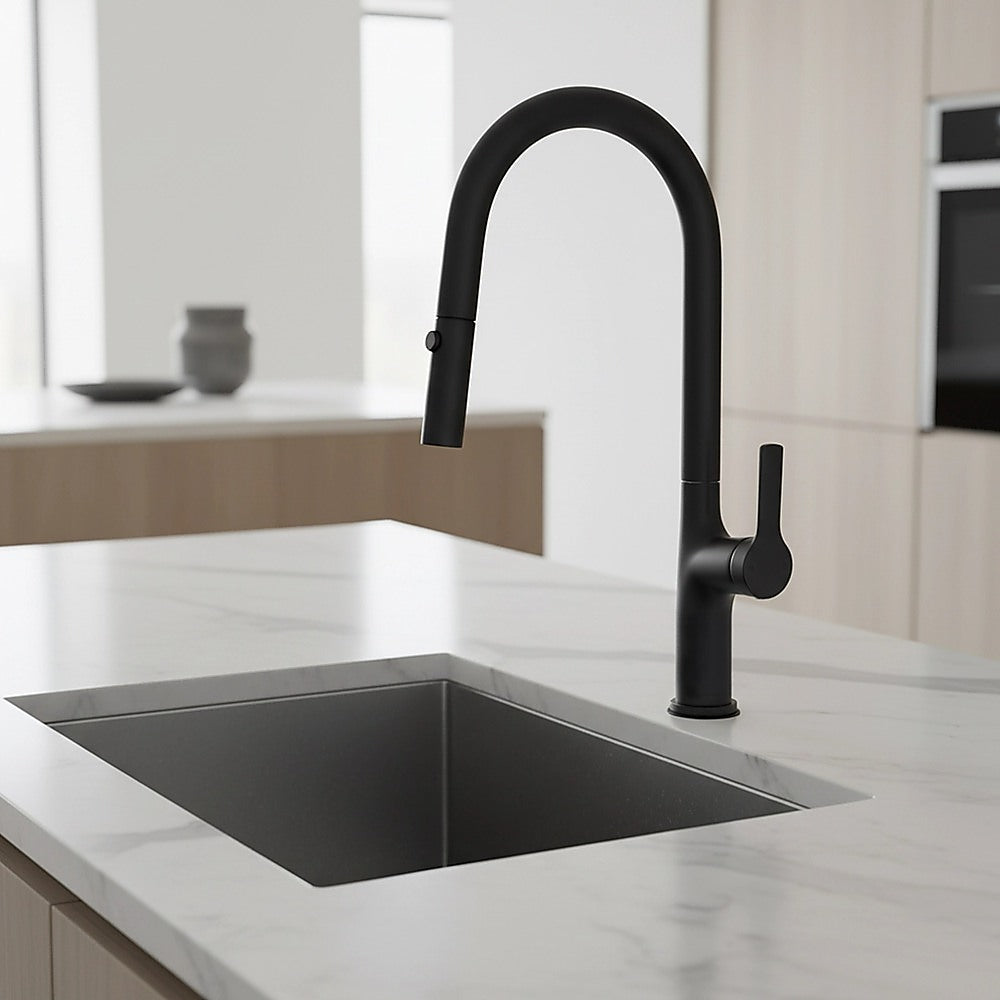 Black pull-out mixer tap faucet above rectangular sink with tall curved spout