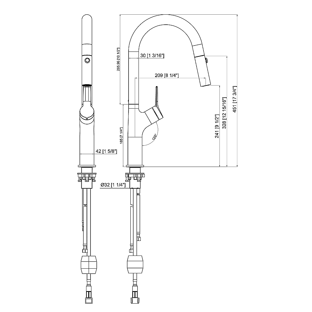Pull-out mixer tap faucet technical diagram with dimensions and mounting parts