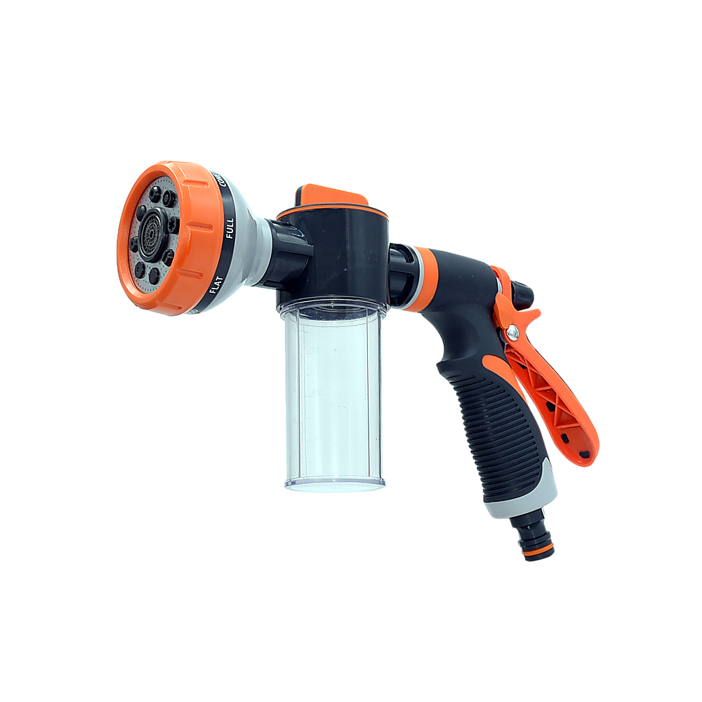 Garden hose nozzle sprayer with orange dial, black trigger handle, clear filter cup