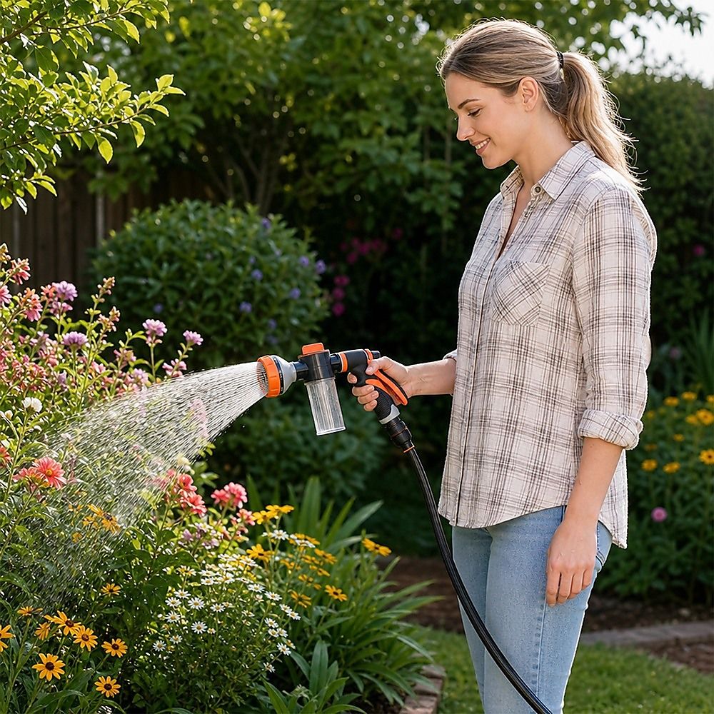Garden hose nozzle sprayer spraying water toward plants; orange/black handheld trigger