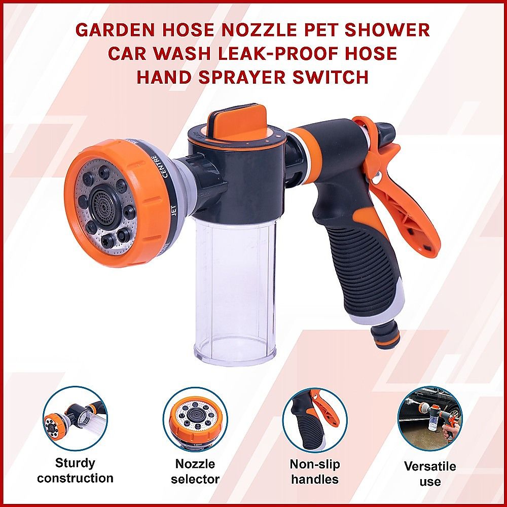 Garden hose nozzle sprayer with orange faceplate, black trigger, clear spray cup