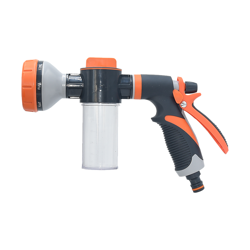 Garden hose nozzle sprayer, orange dial head and black grip with clear filter chamber