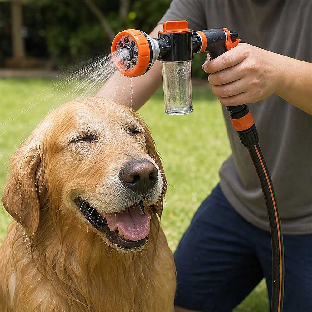 Garden hose nozzle sprayer delivering water spray to a dog; orange/black trigger