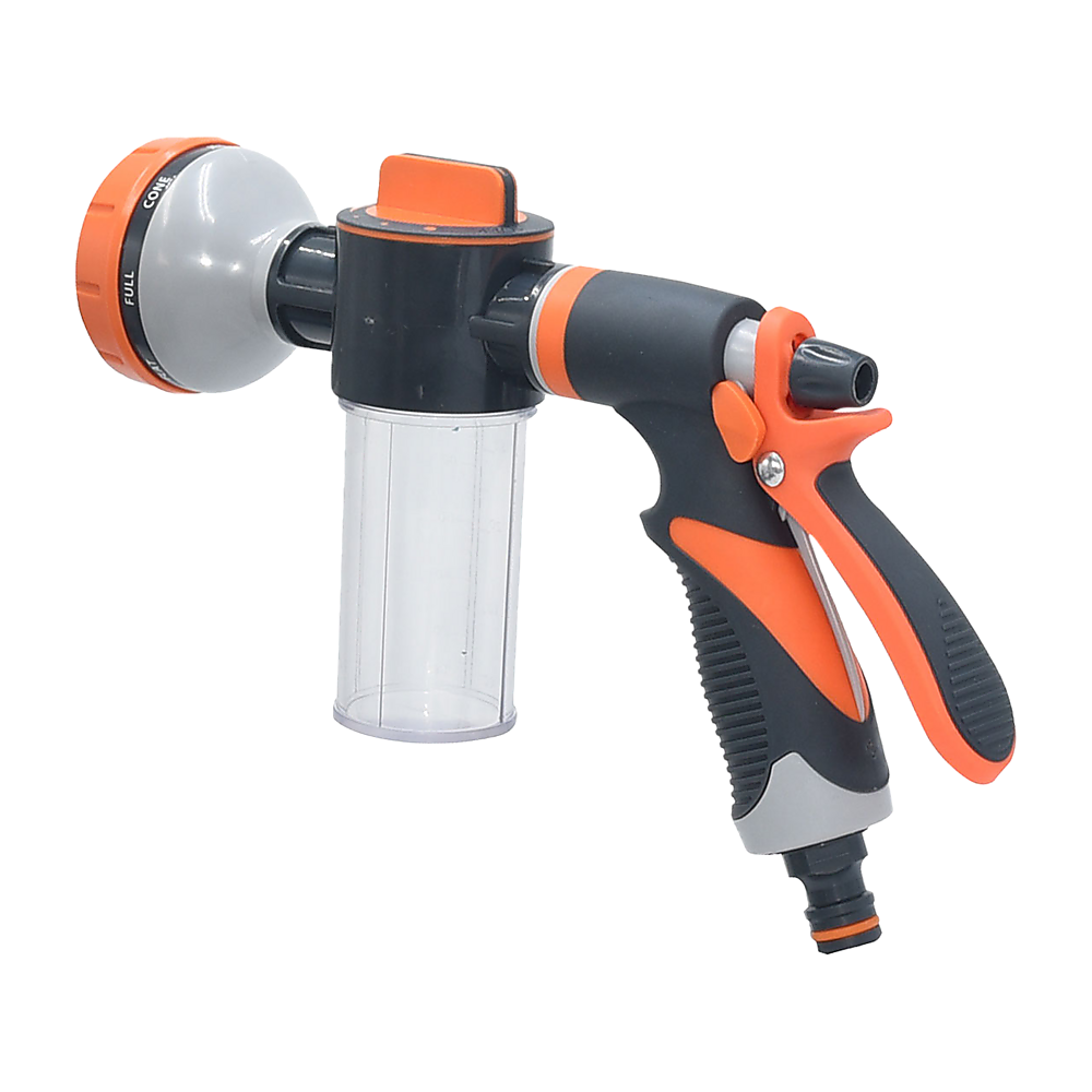 Garden hose nozzle sprayer with orange dial head, black trigger handle, clear filter cup