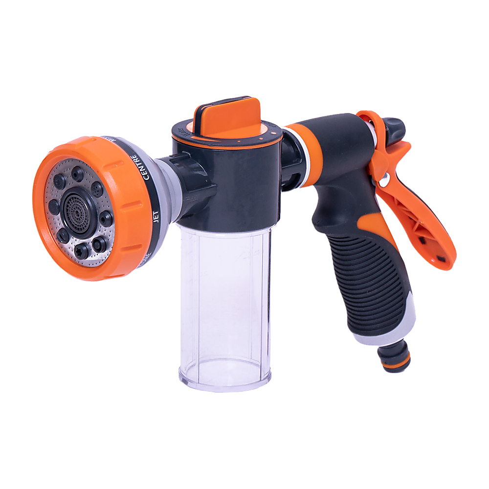 Garden hose nozzle sprayer in orange and black with clear chamber and trigger grip