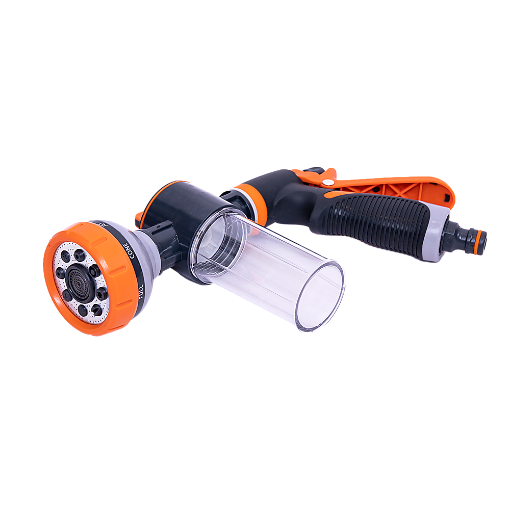 Multipurpose garden hose nozzle sprayer with orange and black handle, clear watering cup