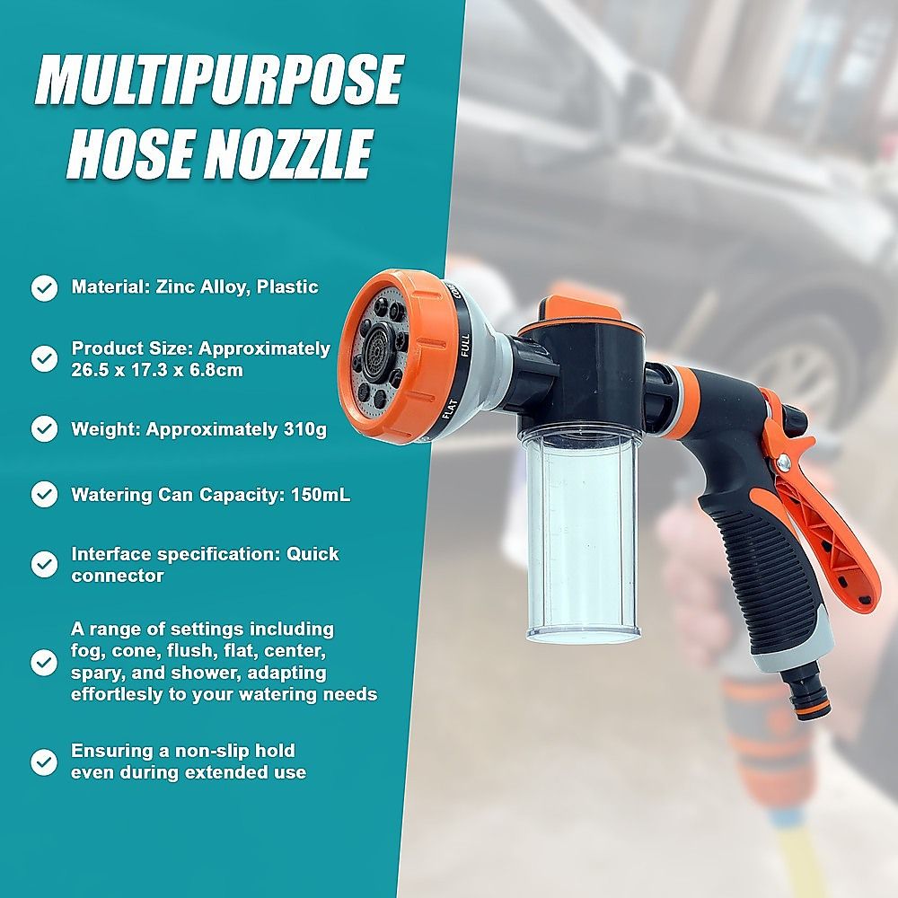 Multipurpose hose nozzle sprayer with trigger grip, orange ring, clear cup on nozzle