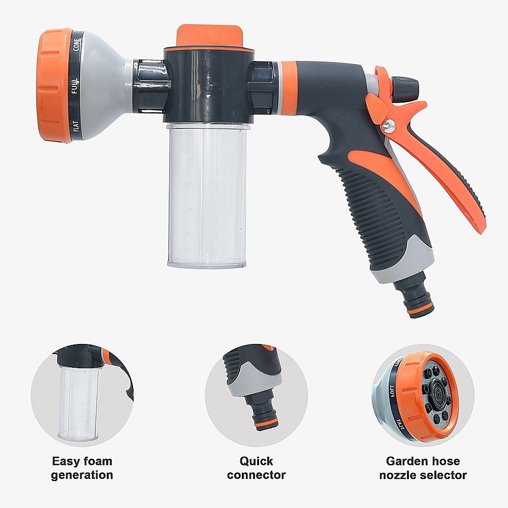 Garden hose nozzle sprayer with quick connector, orange accents, clear cup and trigger
