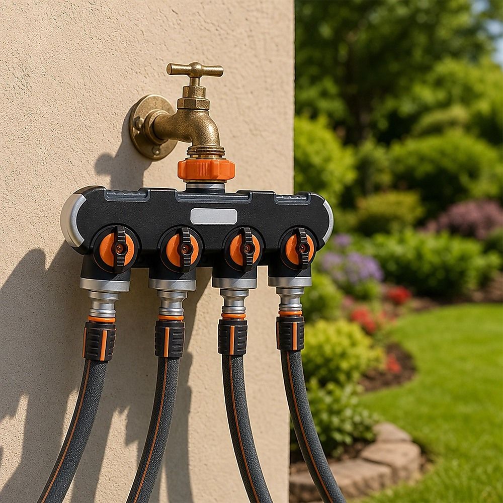 Four-way garden hose splitter mounted on wall with four orange control knobs
