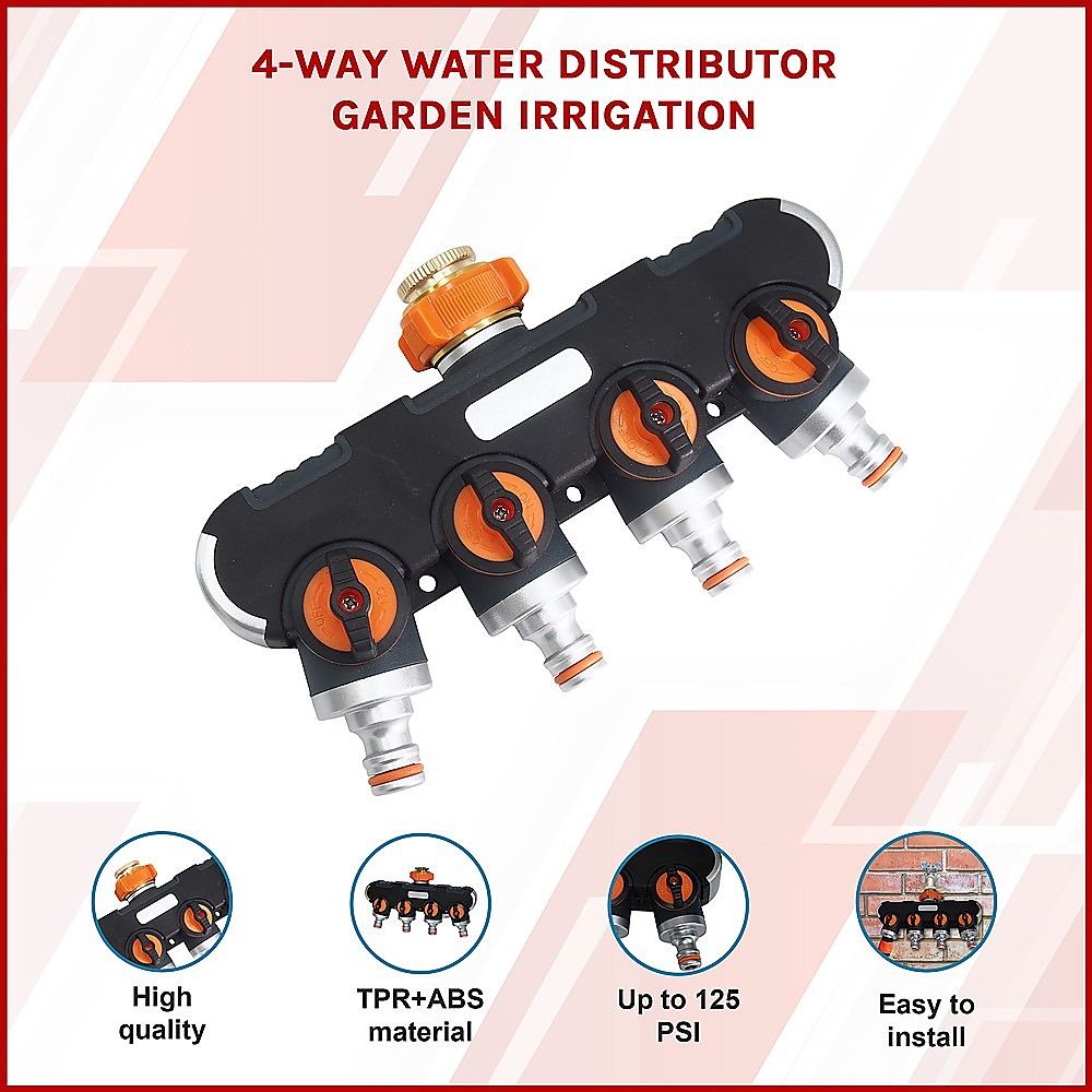 4-way water distributor garden irrigation unit with four outlet ports and orange valve caps