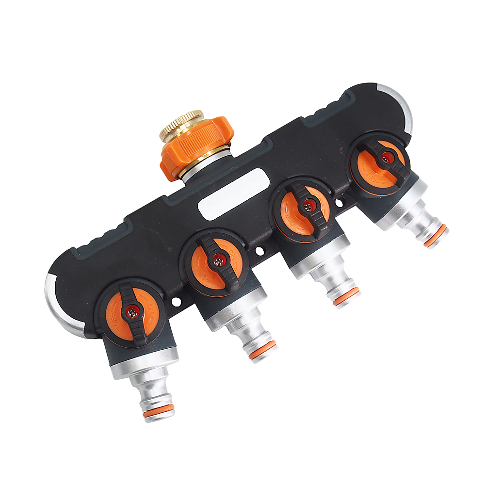 Angled 4-way water distributor with four outlets, orange shut-off valves, and brass connector