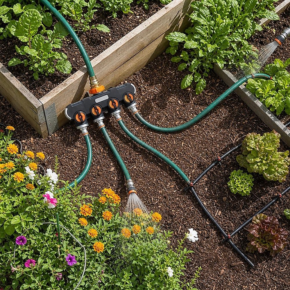 Garden hose splitter connected to four hoses with orange valves along a flower bed