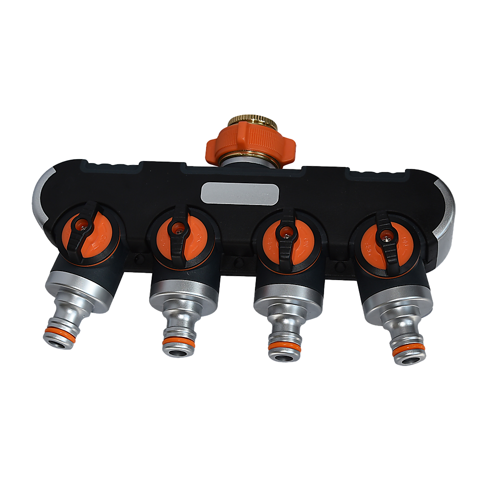 Water distributor manifold with four orange shut-off valves and metal hose fittings
