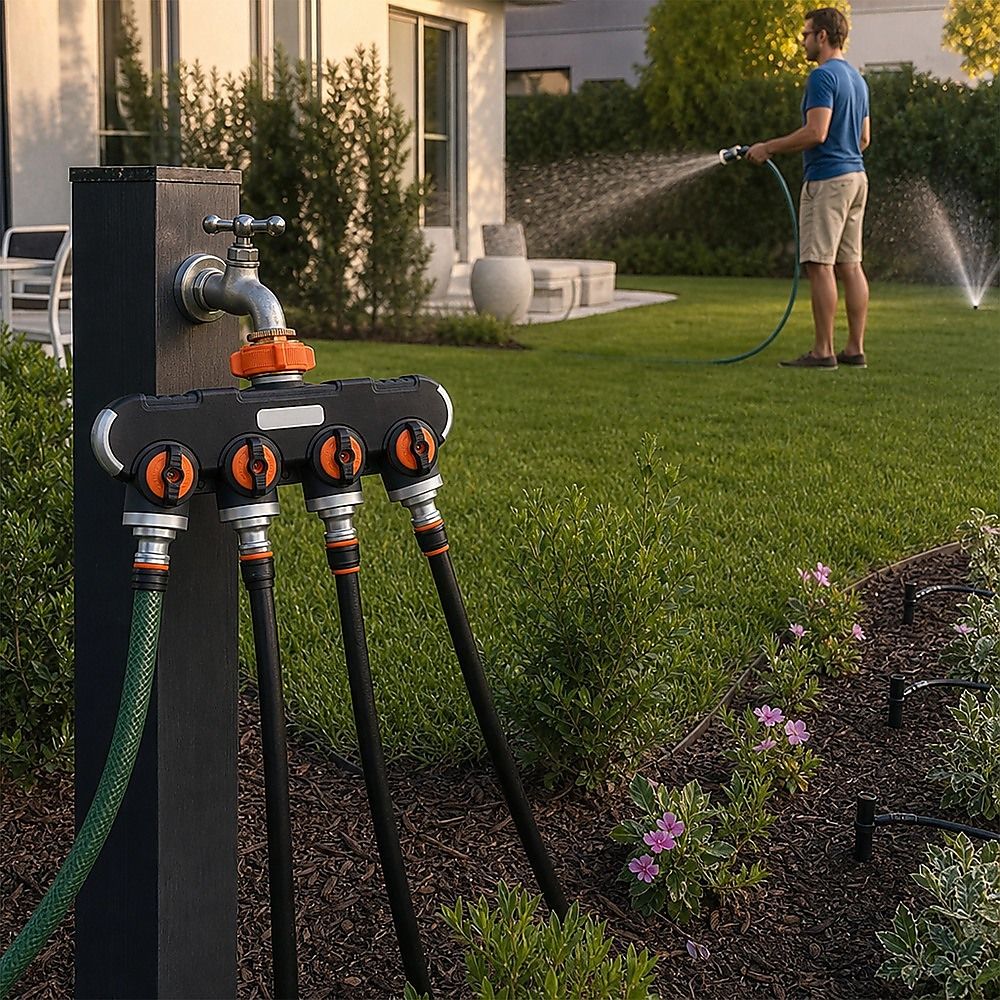 Garden water distributor with four outlets spraying toward the lawn near a hose tap