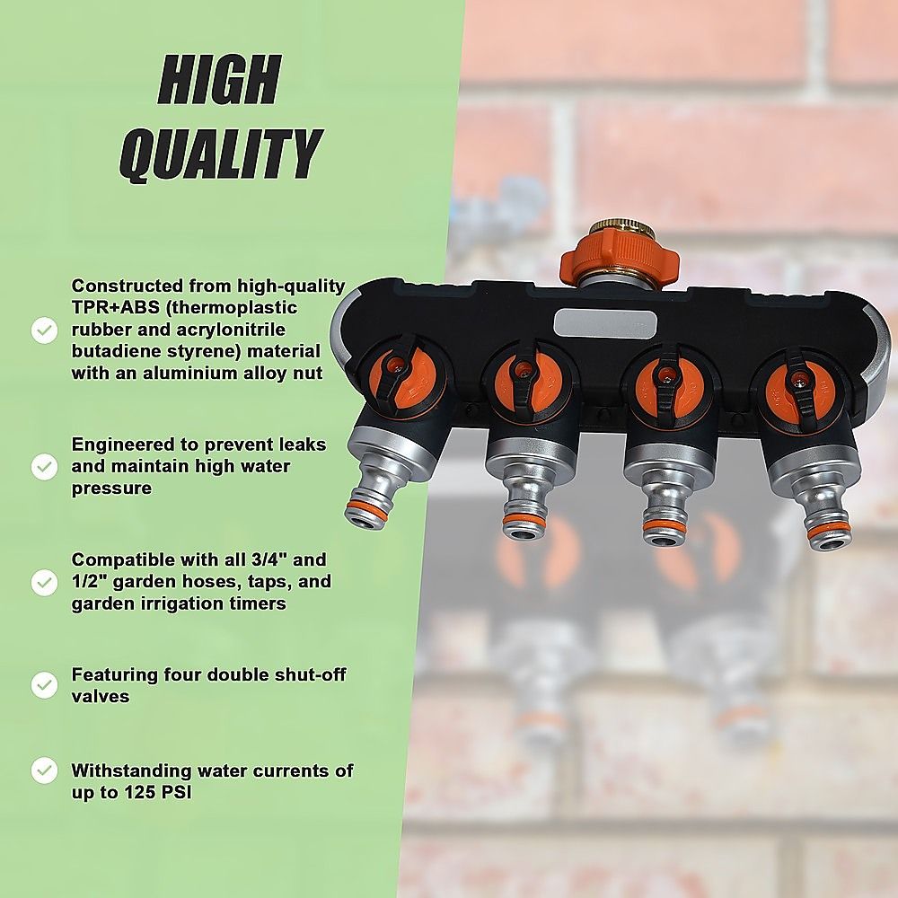 Water distributor with four orange shut-off valves and brass top inlet fitting