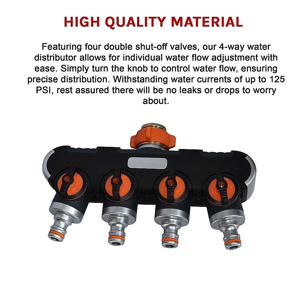 Water distributor manifold showing four orange double shut-off valves and metal outlet ports