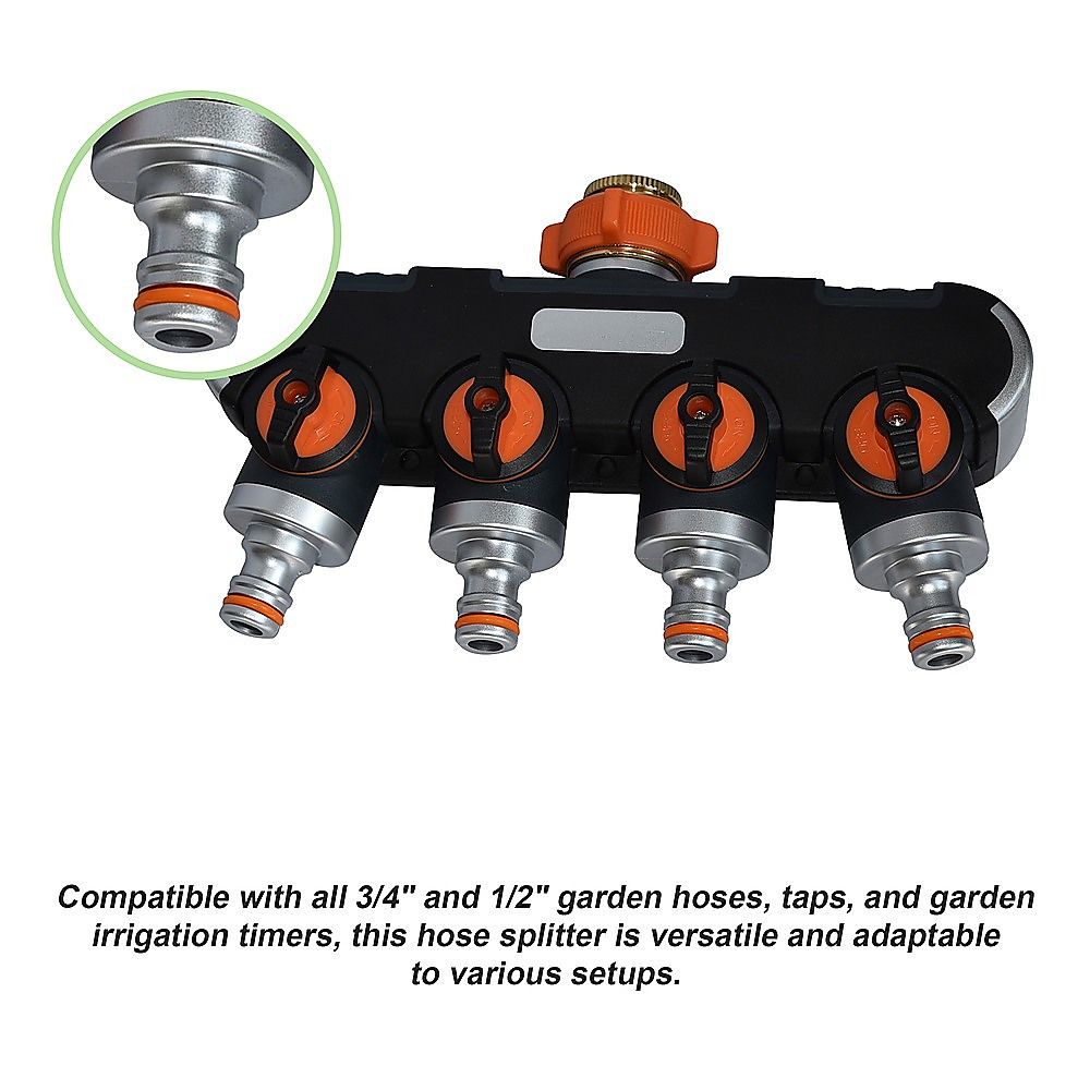 Water distributor with four orange valves and visible metal hose fitting on one outlet