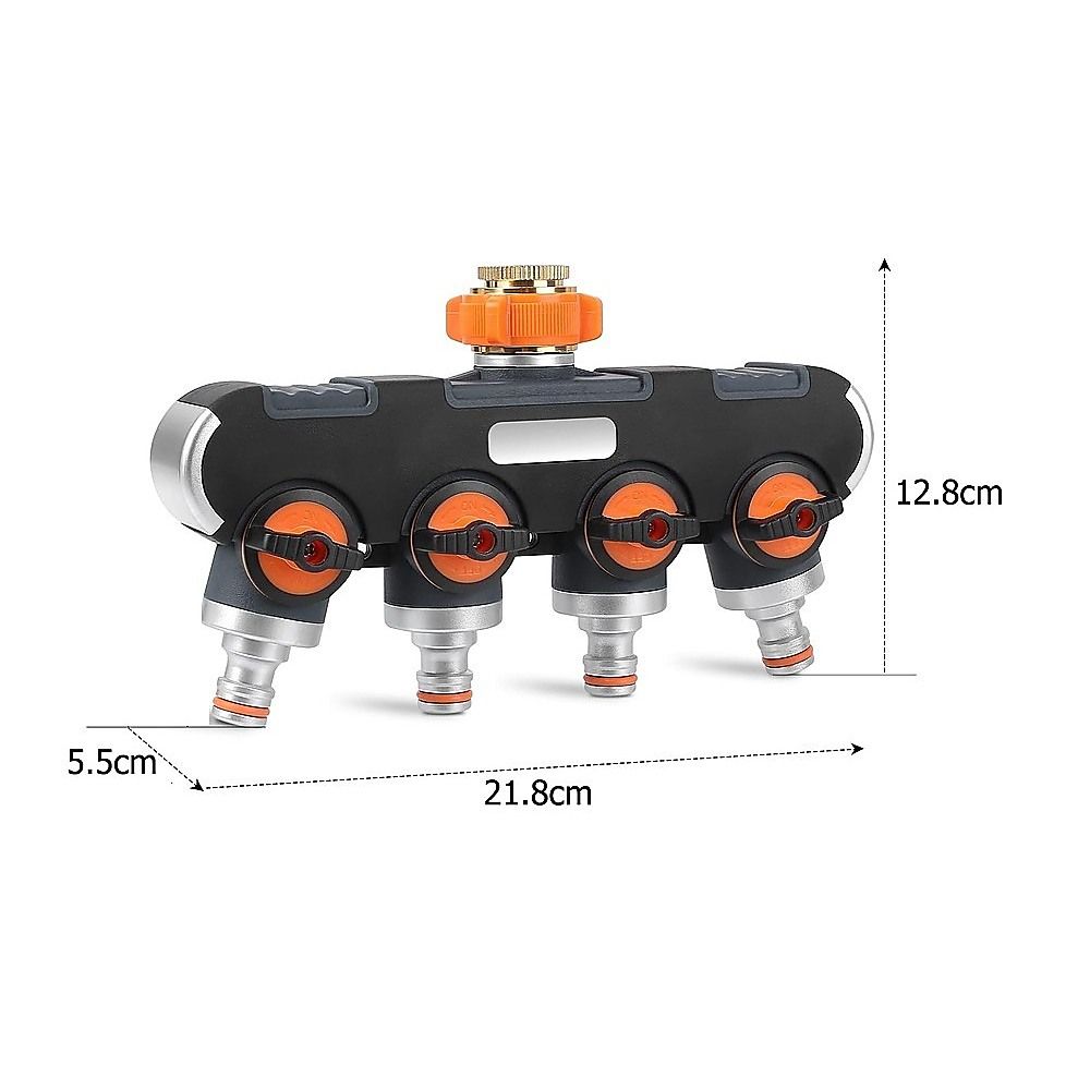 4-way garden water distributor with black body and orange control knobs, 4 hose outlets