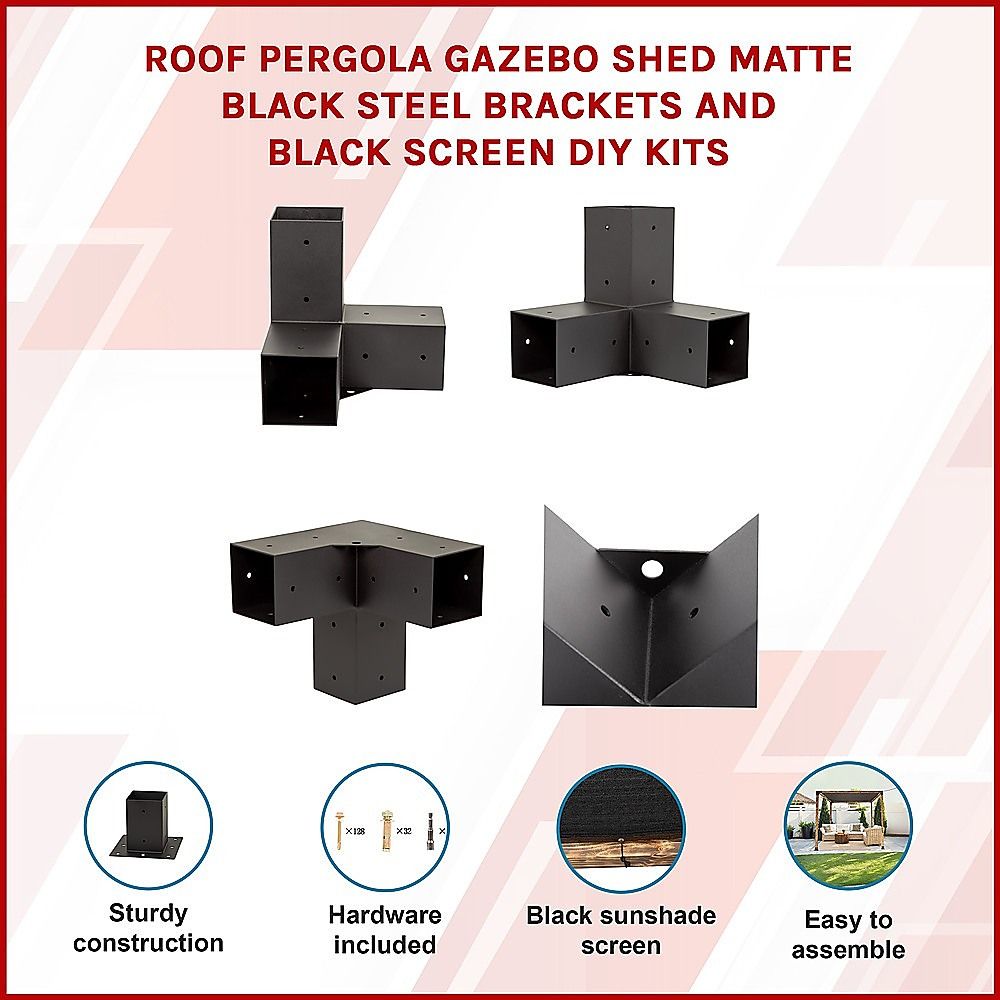 Roof Pergola Gazebo Shed Matte Black Steel Brackets and Black Screen DIY Kits Bedworld