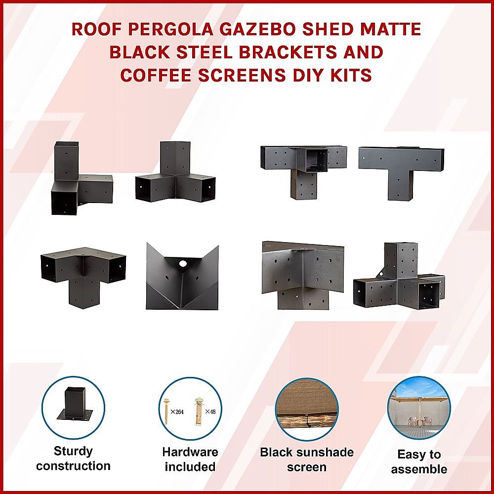 Roof Pergola Gazebo Shed Matte Black Steel Brackets and Coffee Screens DIY Kits Bedworld