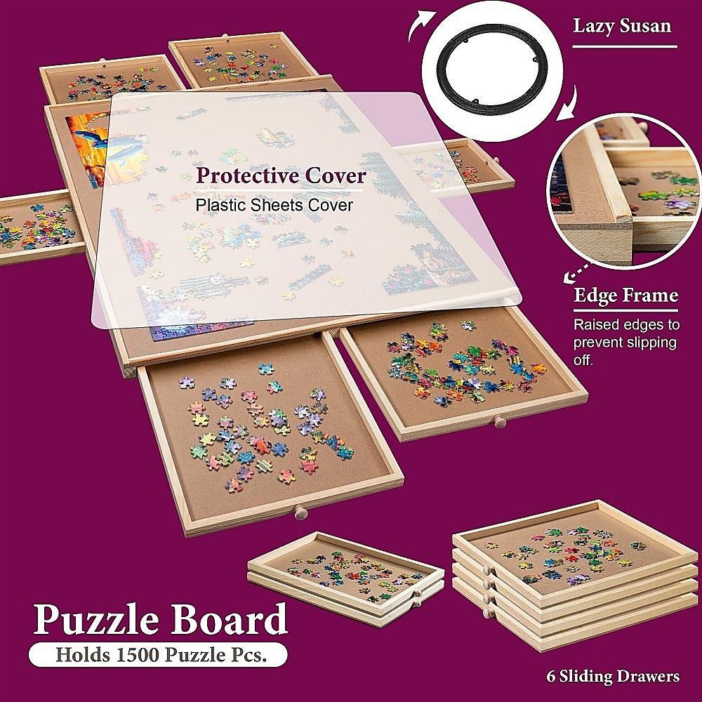 1500 Piece Rotating Wooden Jigsaw Puzzle Table 6 Drawers Board Bedworld