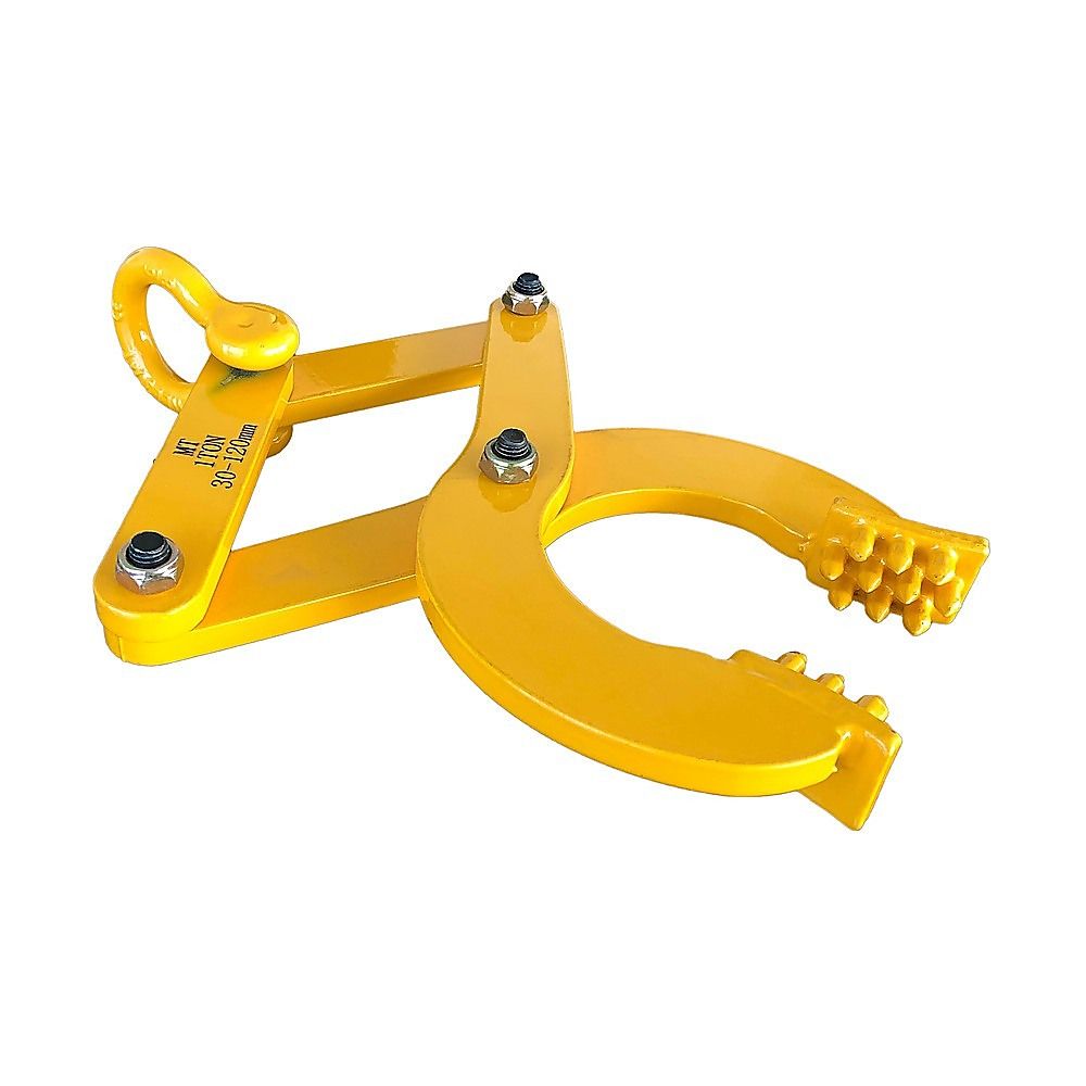 Yellow steel pallet puller clamp with scissor frame and serrated gripping jaws