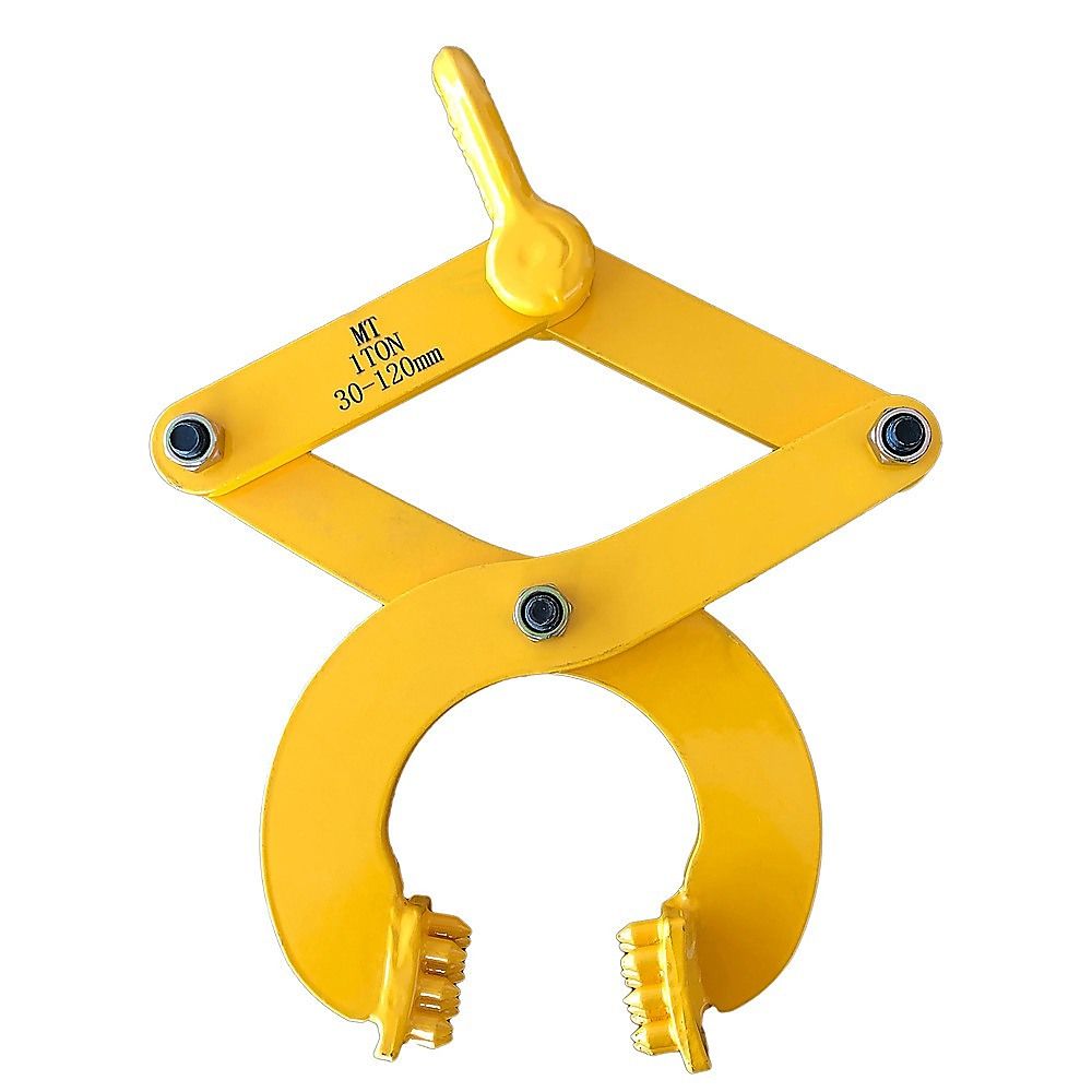 Yellow steel pallet puller clamp with open jaw and mounting bolts