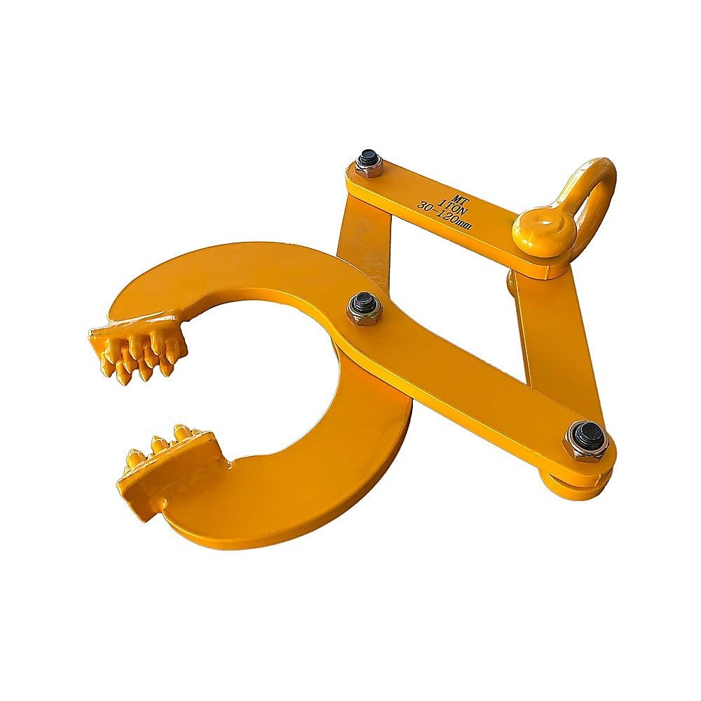 Yellow steel pallet puller clamp with open jaw and serrated teeth