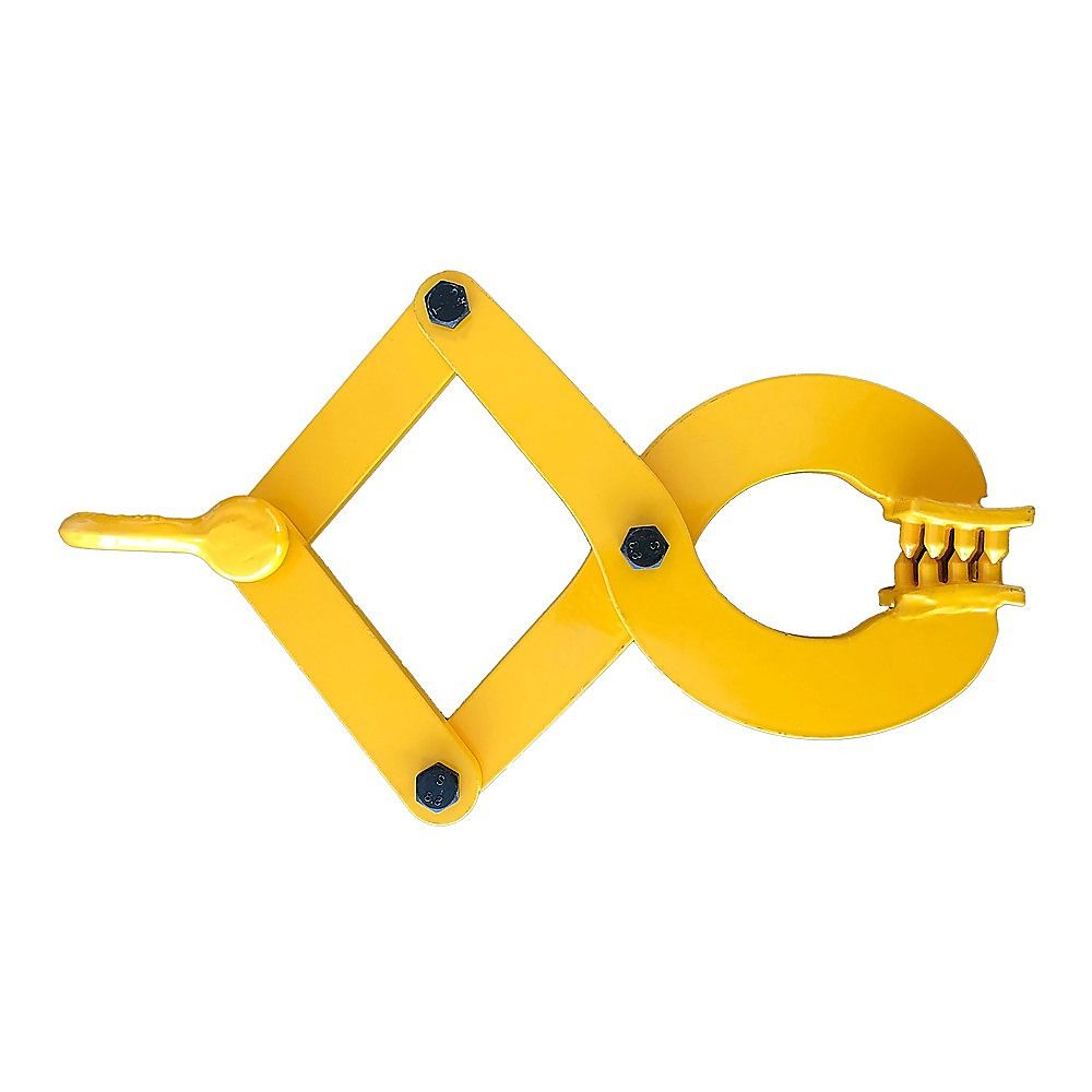 Yellow scissor pallet puller clamp with open jaws and serrated tooth pads