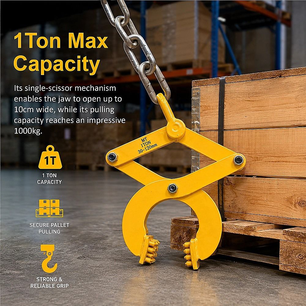 Yellow pallet puller clamp with chain hook pulling a wooden pallet