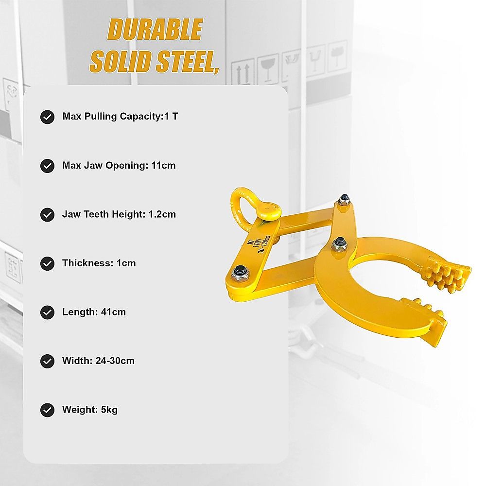 Pallet puller clamp with yellow steel scissor jaws and curved hand grips