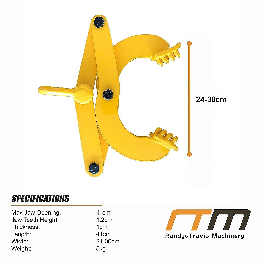 Yellow steel pallet grabber with scissor jaws and locking bolts, single-clamp style